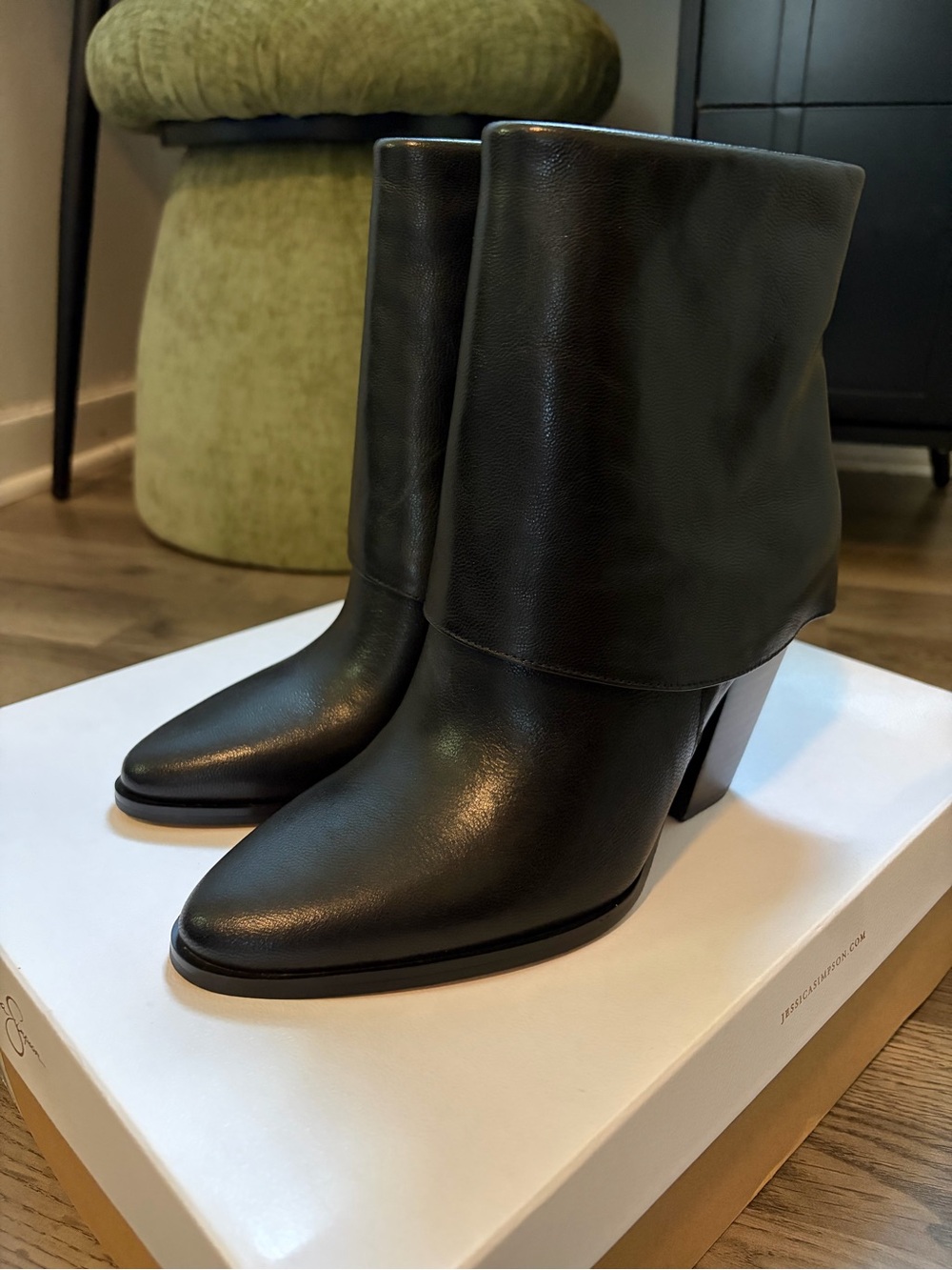 Black Leather Fold-Over Ankle Boots - Women
